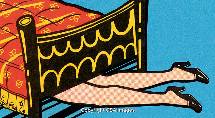 Colorful Illustration of a Surreal Scene with Bed and Legs Underneath