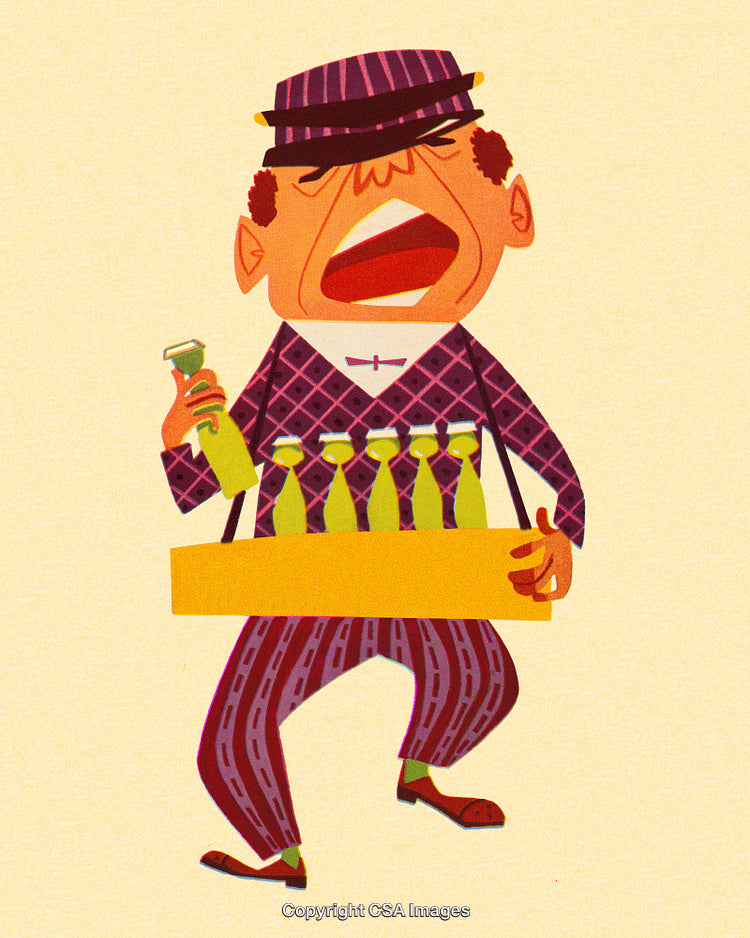 Abstract Illustration of a Vintage Salesman Carrying Bottles in a Uniform Outfit