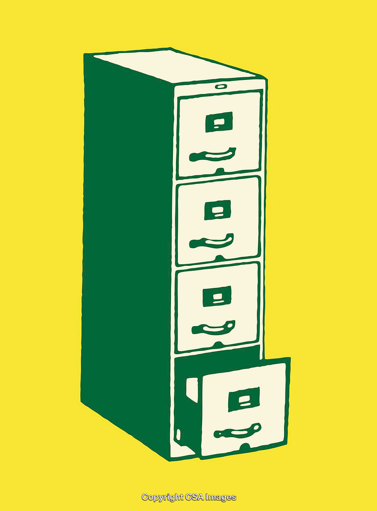 Color Line Art Illustration of a Filing Cabinet on Bright Yellow Background