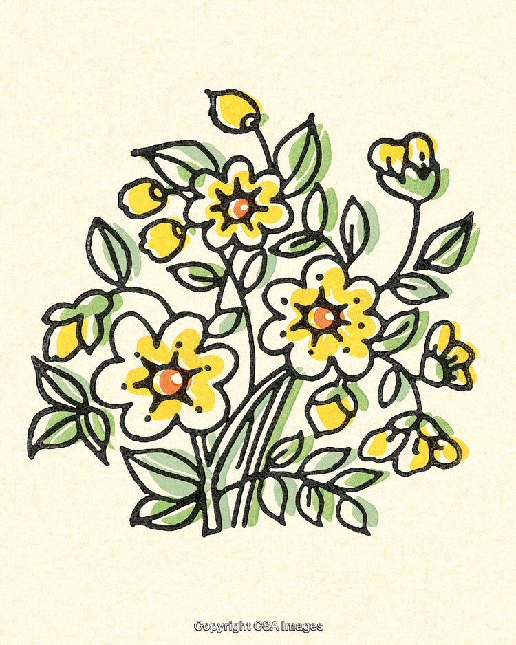 Hand-Drawn Floral Illustration Featuring Yellow Flowers and Green Leaves on Beige Background