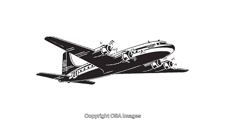 Vintage Black and White Line Art Illustration of an Airplane in Flight