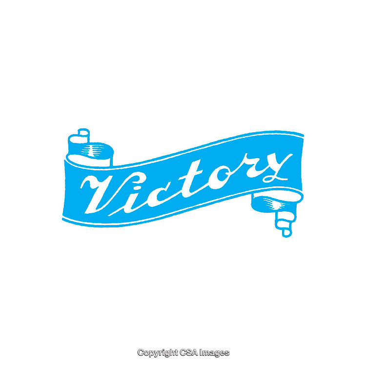 Blue Victory Ribbon Banner with Stylized Text on White Background