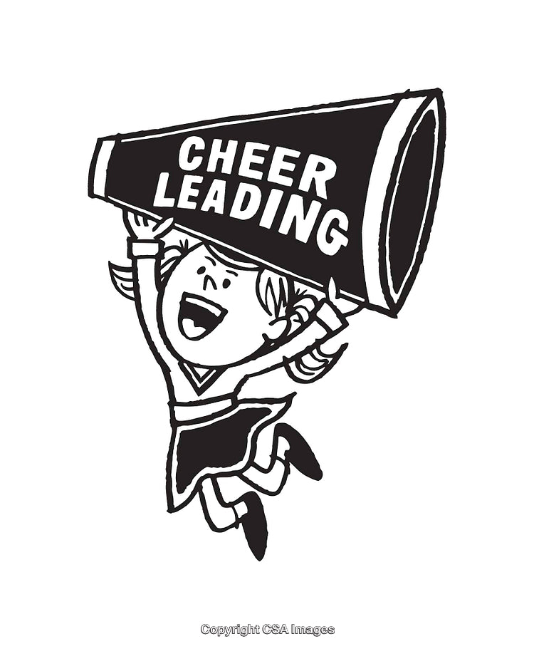Black And White Line Art Illustration of Cheerful Cheerleader with Megaphone