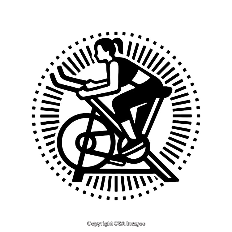 Black and White Illustration of a Woman Cycling on an Exercise Bike