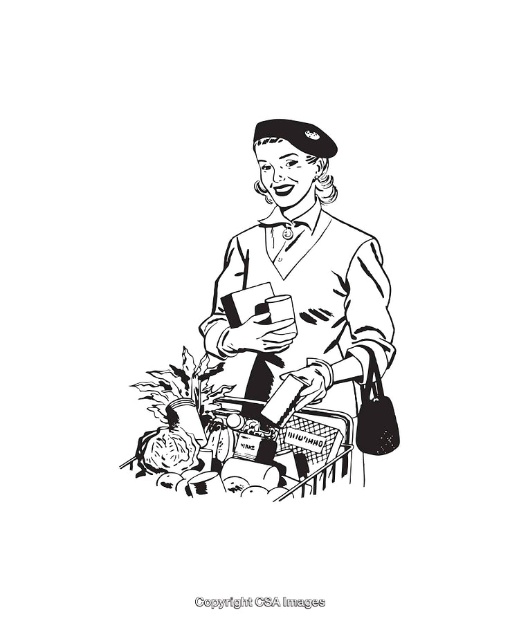 Vintage Black and White Line Art of Woman Grocery Shopping