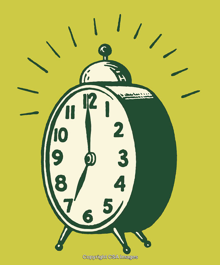 Retro Alarm Clock Illustration on Vibrant Green Background, Radiating Style