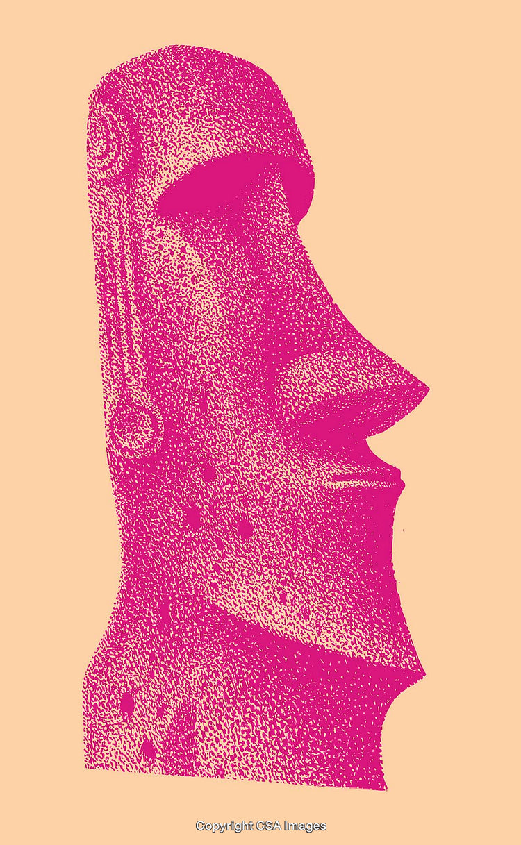 Colorful Graphic of a Moai Statue in Pink on Orange Background