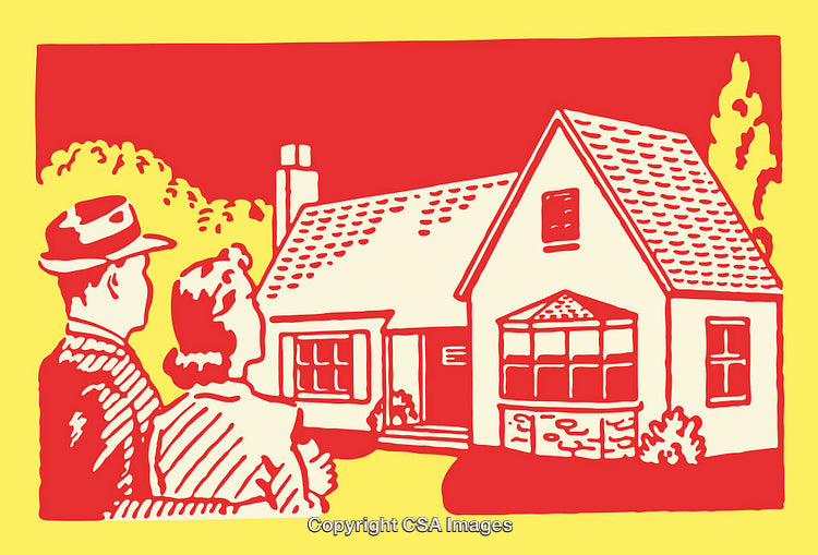 Retro Illustration of a Couple Viewing a Cottage with Red and Yellow Tones