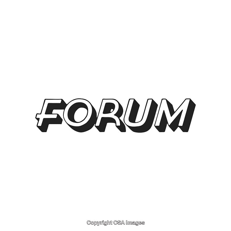 Stylized 3D Typography Depicting the Word Forum in Bold Black and White