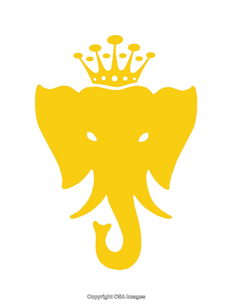 Minimalistic Yellow Elephant Icon Wearing a Crown on White Background