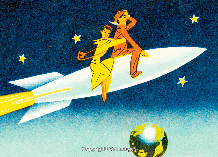 Retro Illustration of a Couple Riding a Rocket Through Space