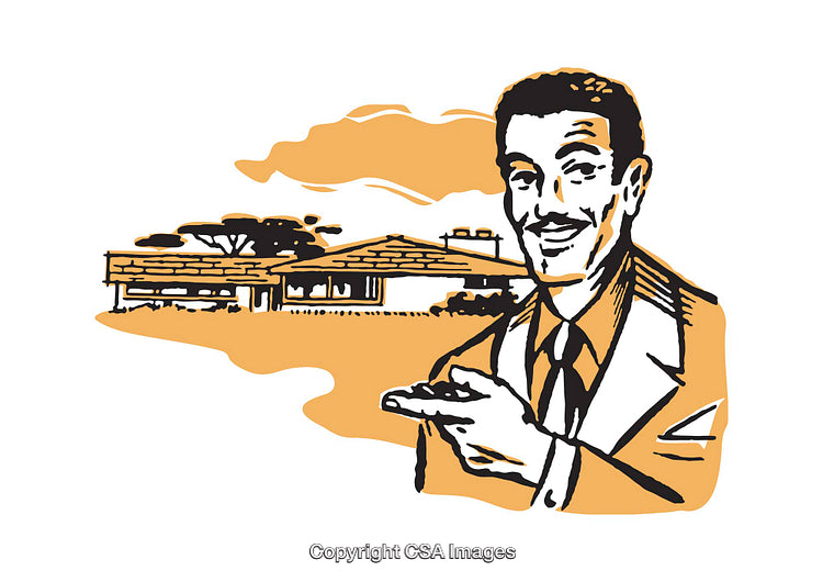 Retro Illustration of a Gentleman Promoting a Mid-Century Modern Home