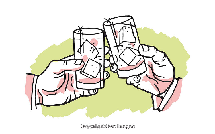 Colorful Illustration of Two Hands Toasting with Drinks in Glasses