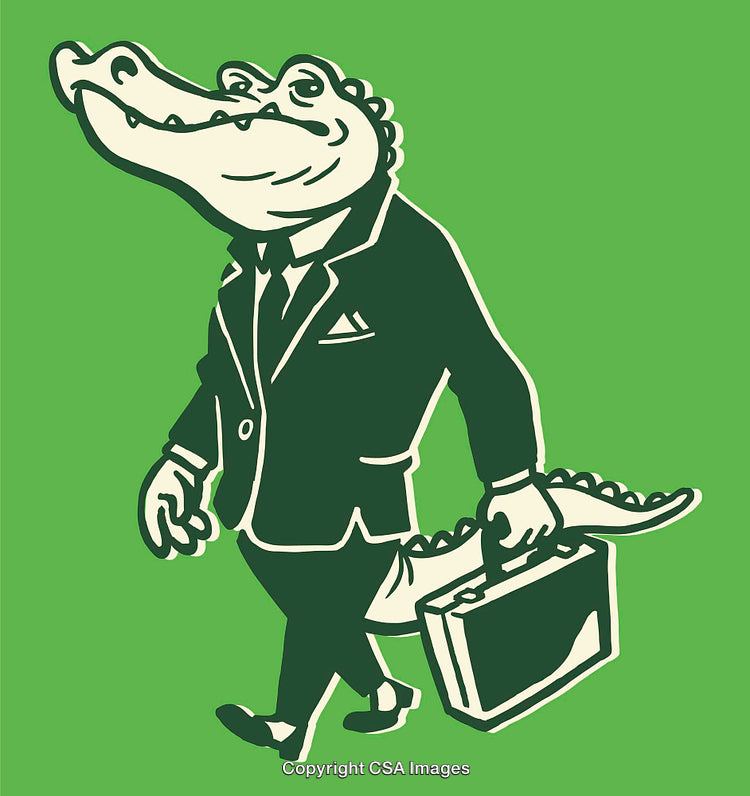 Stylized Illustration of a Business Alligator with Briefcase on Green Background