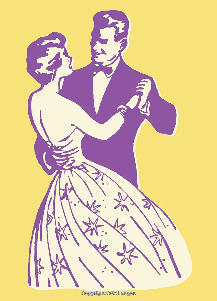 Elegant Couple Dancing in a Vintage Illustration with Purple and Yellow Hues