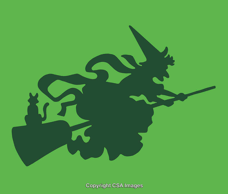 Witch Silhouette On Broomstick With Cat Against a Green Background