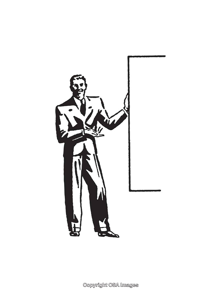 Retro Illustration of Man Presenting with Blank Display in Black and White