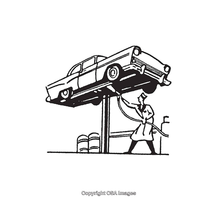 Vintage Line Art Illustration of Car Maintenance on Hydraulic Lift