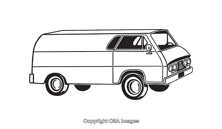 Black and White Line Art Illustration of Retro Style Van