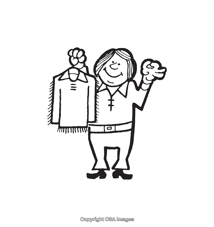 Black And White Illustration of a Smiling Person Holding a Shirt and Waving