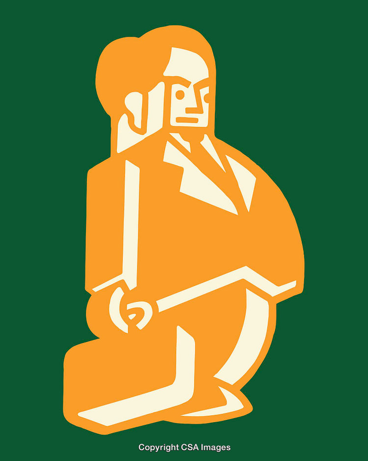 Geometric Illustration of a Formal Individual in Bold Orange and Green Colors