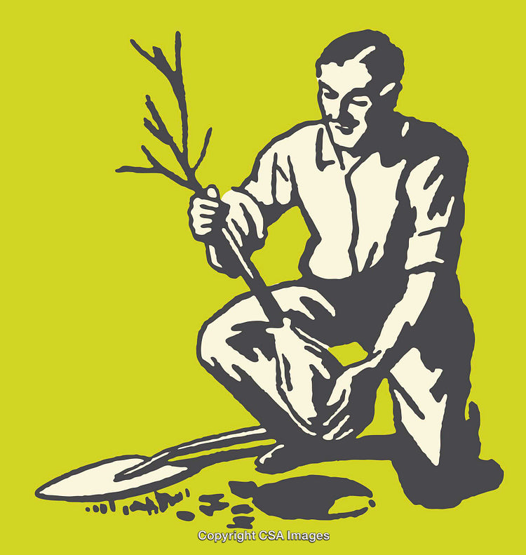 Man Planting Sapling in Minimalist Artistic Illustration on Green Background