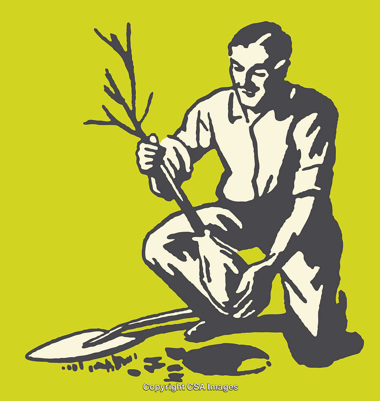 Man Planting Sapling in Minimalist Artistic Illustration on Green Background