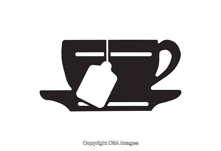 Black and White Silhouette of Teacup with Tea Bag on Saucer