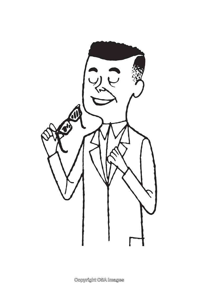 Black and White Illustration of a Person Holding Sunglasses with a Smile
