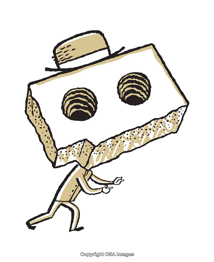Surreal Illustration of a Person Carrying a Brick with Peaked Hat