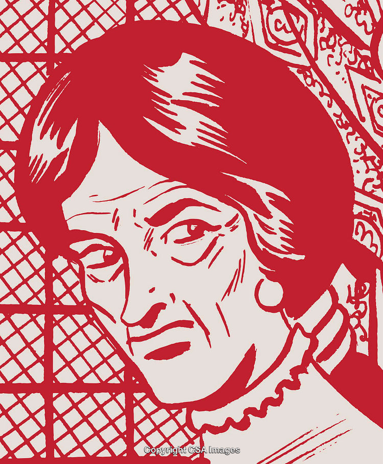 Bold Red Graphic of a Thoughtful Woman With Geometric Background Design