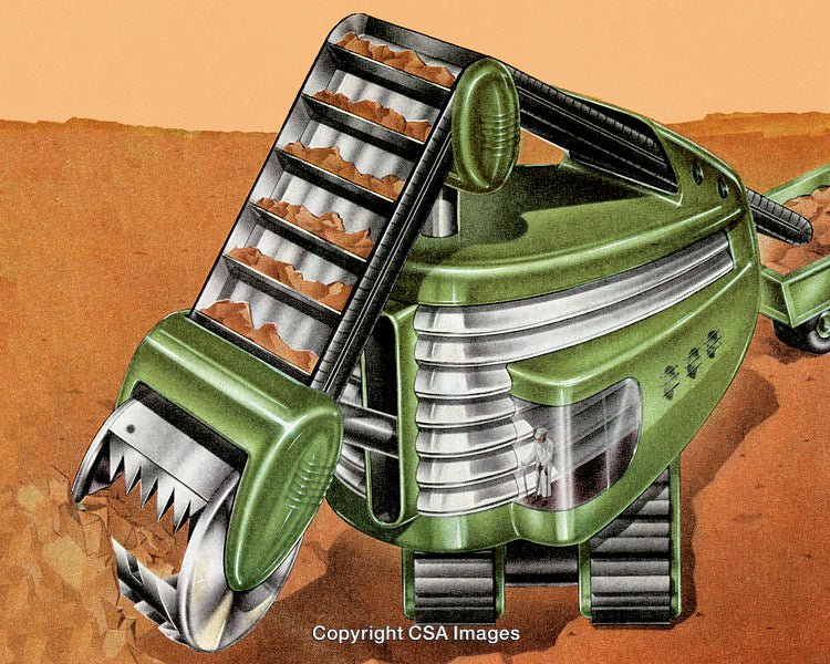 Futuristic Green Mining Machine Harvesting Resources on a Mars-Like Terrain