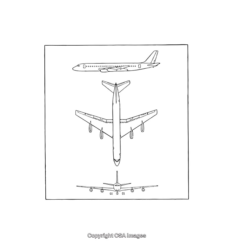 Detailed Black and White Diagrams of an Airplane from Multiple Angles