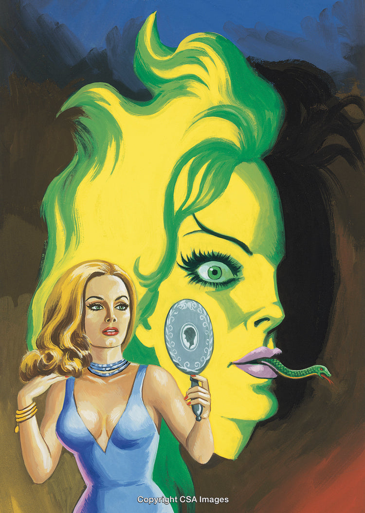 Surreal Artwork Depicting Woman with Mirror and Abstract Snake Imagery