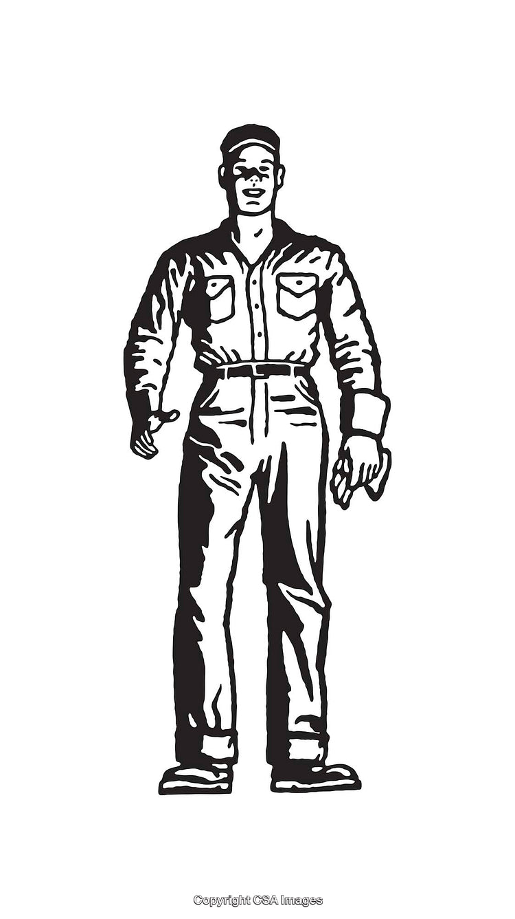 Black and White Line Art of a Standing Worker Character