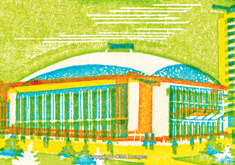 Colorful Illustration of a Modern Architectural Landmark with Dome Roof