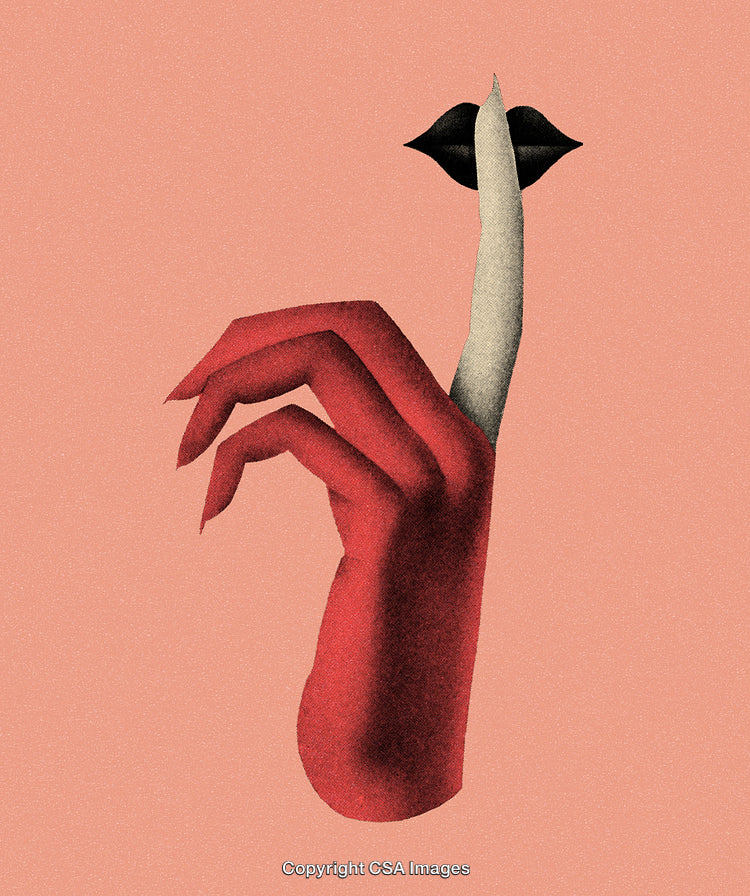Surreal Illustration of Silence Gesture with Red Hand and Stylized Lips