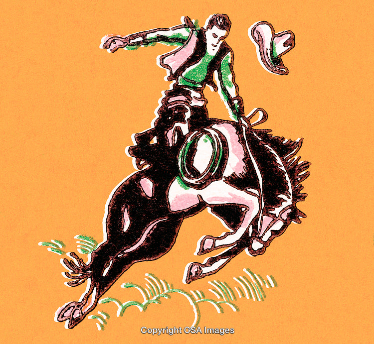 Dynamic Illustration of a Cowboy Riding a Bucking Horse in Action