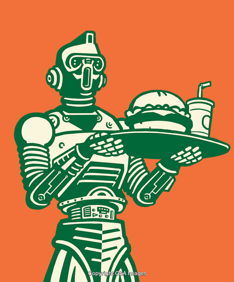 Retro Illustration of Robot Serving Burger and Drink on Orange Background