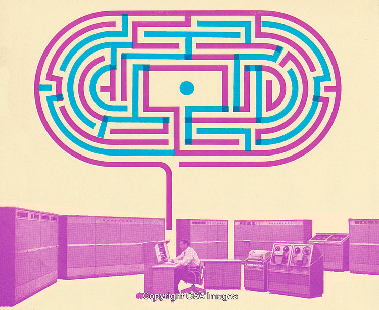 Retro Computer System Illustration with Vibrant Maze Design