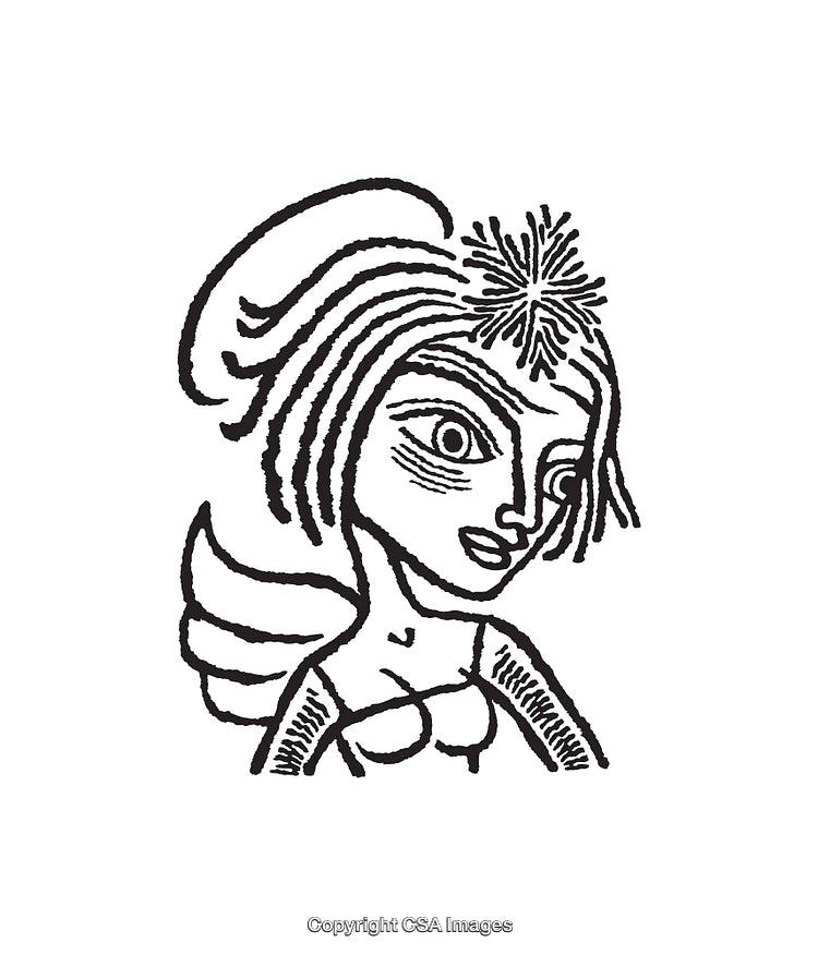 Black and White Illustration of a Stylized Angelic Figure in Line Art