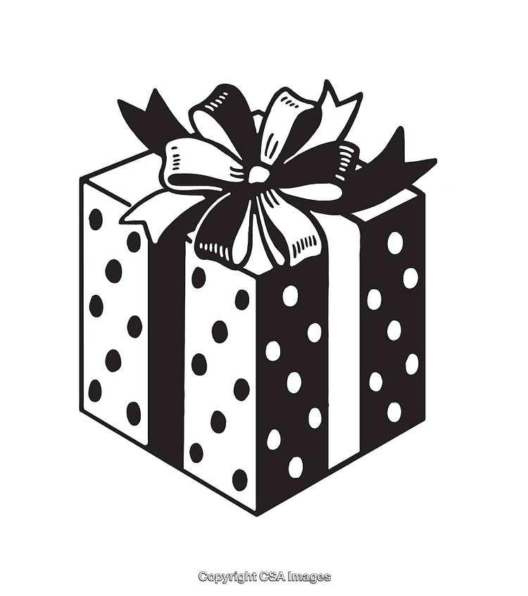 Black and White Polka Dot Gift Box Illustration with Ribbon