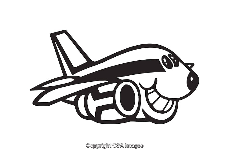 Cute Smiling Airplane Illustration in Black and White Line Art Style