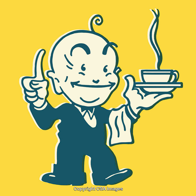 Retro Styled Waiter Holding Coffee Cup on Bright Yellow Background