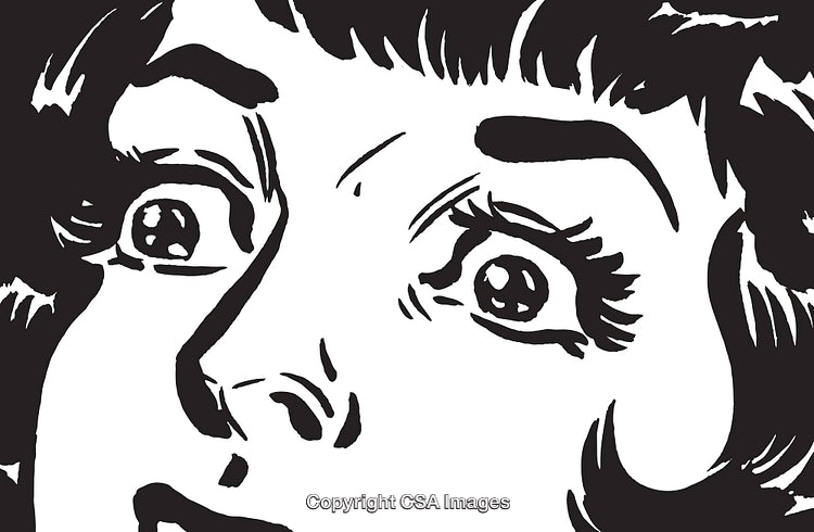 Black and White Retro Illustration of Shocked Woman's Face Close-Up