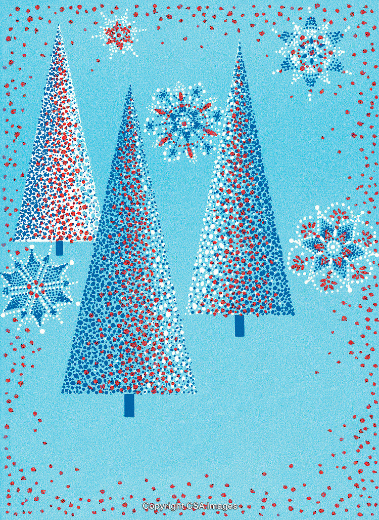 Abstract Christmas Trees and Snowflakes in a Festive Holiday Design