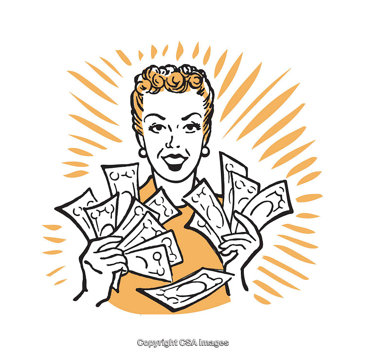 Retro Style Illustration of a Woman With Money and a Cheerful Expression