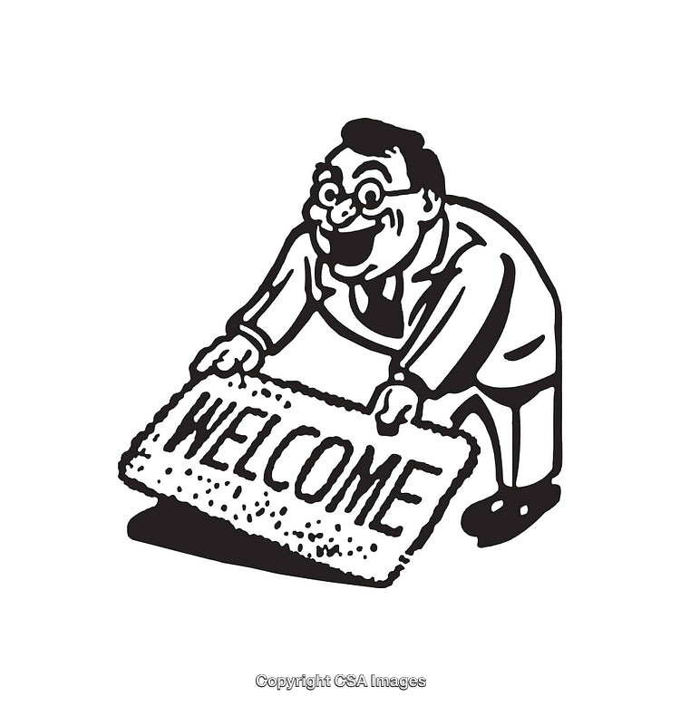Black And White Cartoon Illustration of Man and Welcome Mat