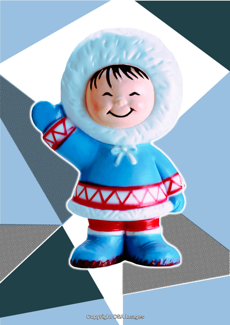 Smiling Toy Character in Winter Clothing on Decorative Background