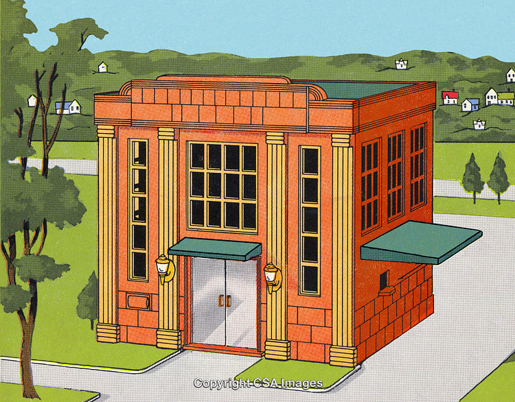 Illustrated Small Brick Building in a Scenic Suburban Setting